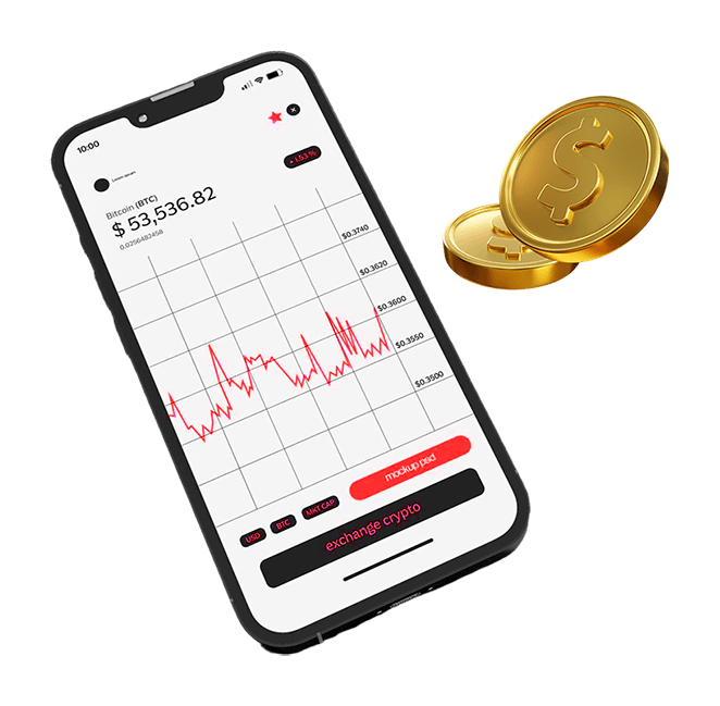 Noventra market mobile app with BTC chart and floating coins